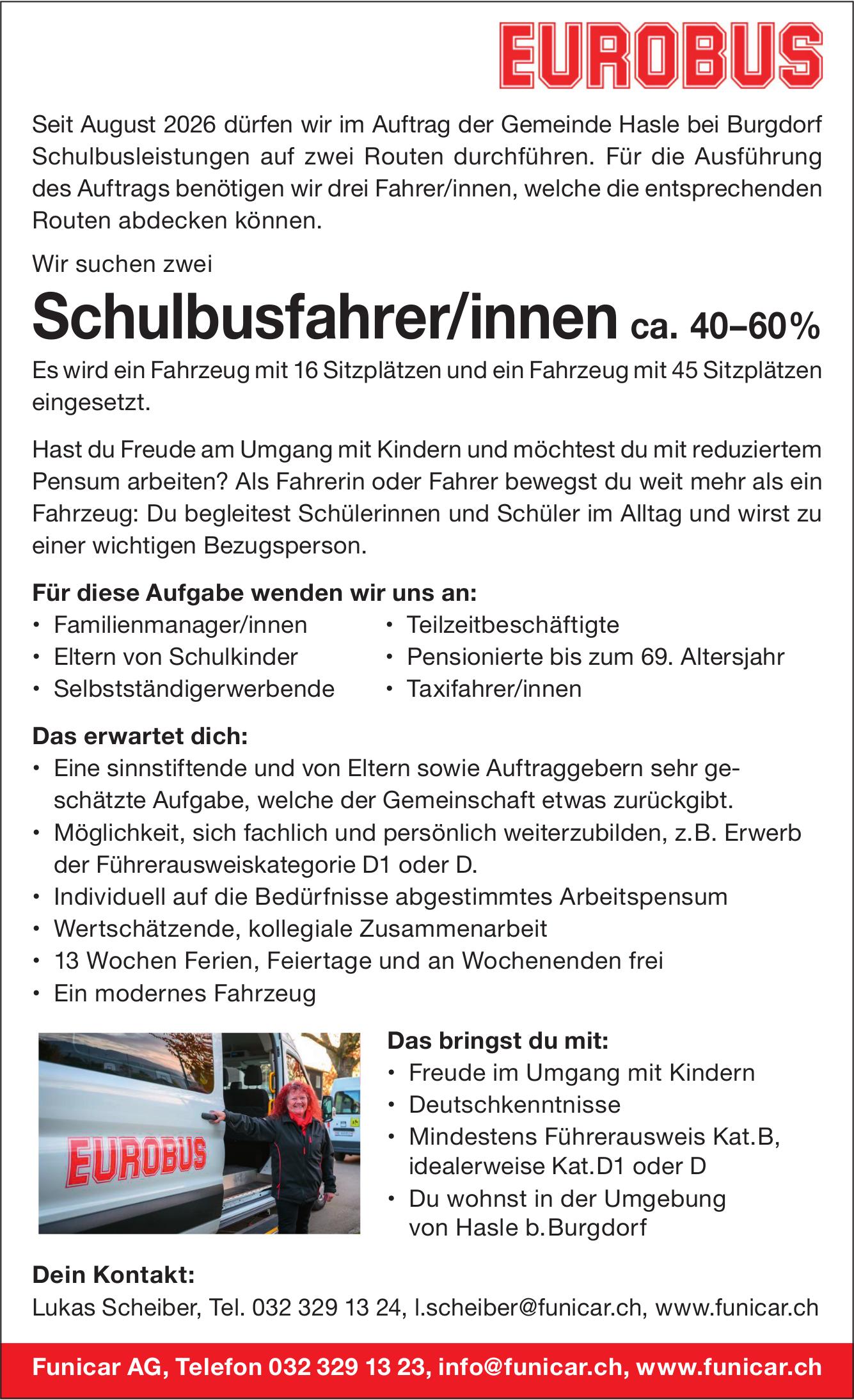 Schulbusfahrer/innen ca. 40–60%, Funicar AG, Gesucht