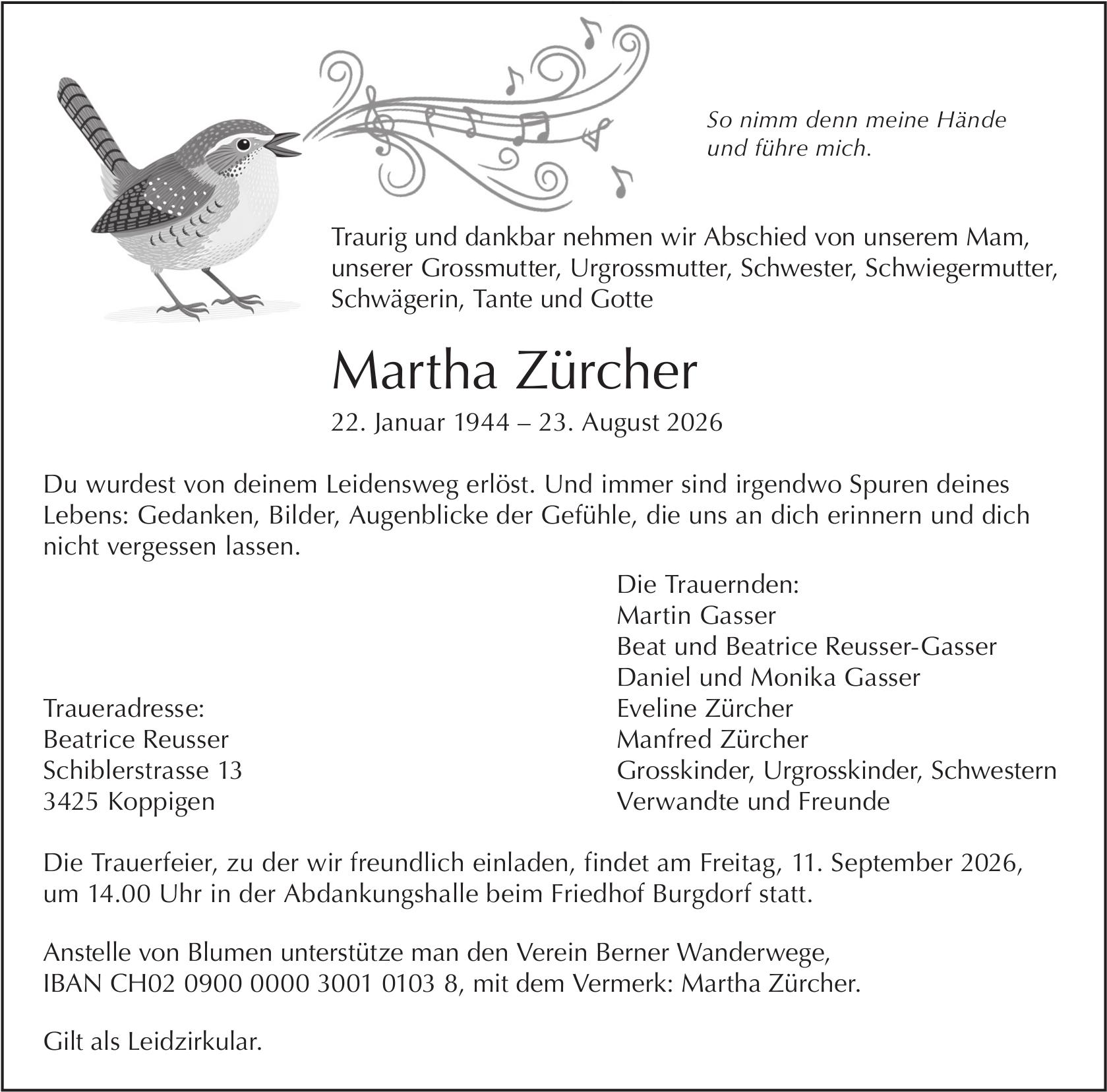 Martha Zürcher, August 2026 / TA