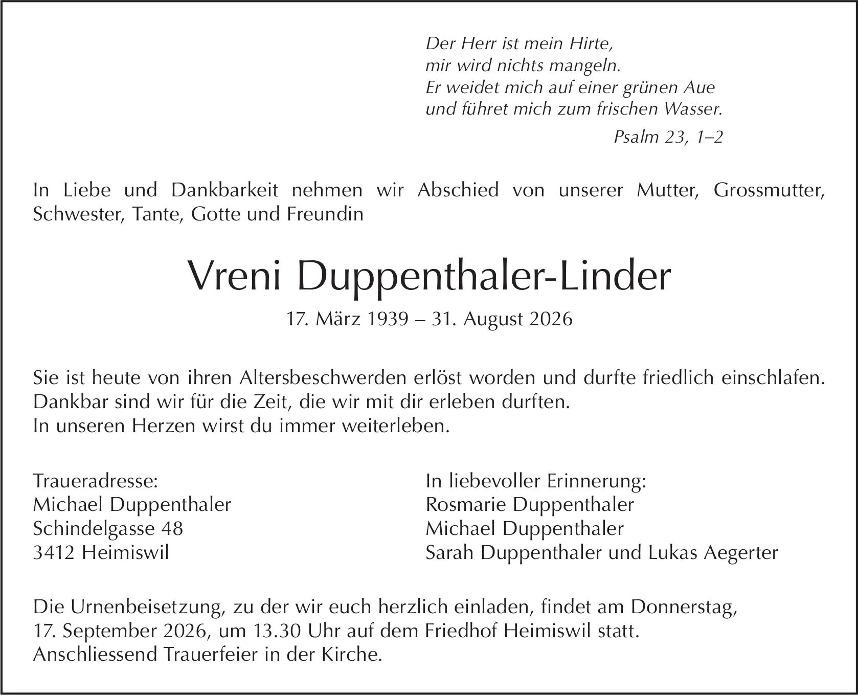 Vreni Duppenthaler-Linder, August 2026 / TA