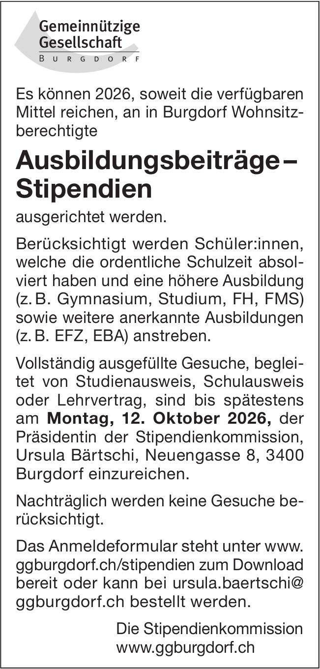 Gemeinnützige Gesellschaft Burgdorf, Ausbildungsbeiträge – Stipendien