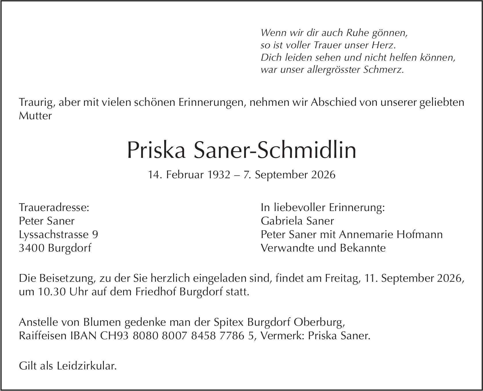 Priska Saner-Schmidlin, September 2026 / TA