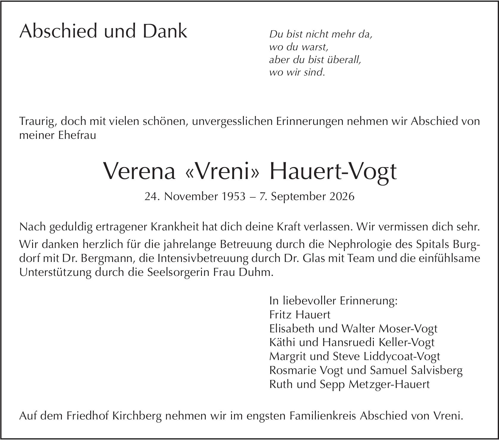 Verena «Vreni» Hauert-Vogt, September 2026 / TA