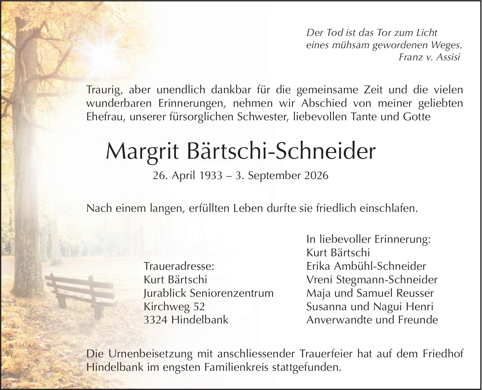 Margrit Bärtschi-Schneider, September 2026 / TA