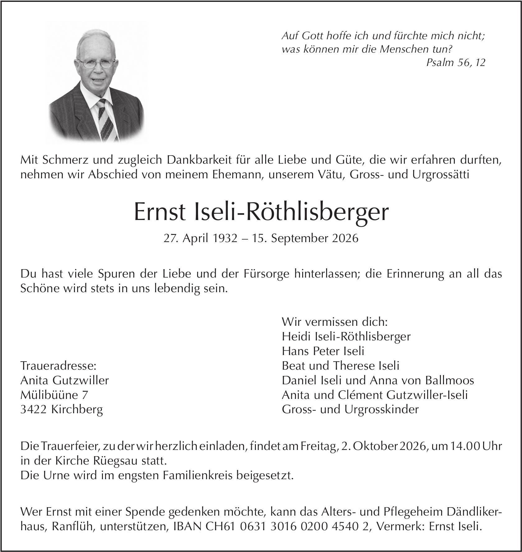 Ernst Iseli-Röthlisberger, September 2026 / TA