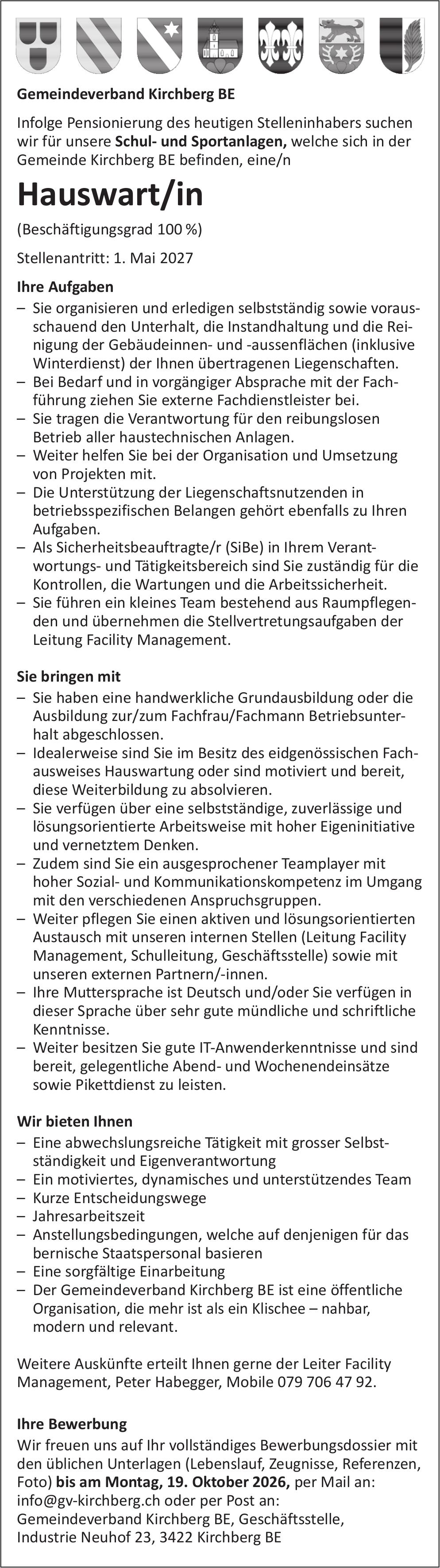 Hauswart/in, Gemeindeverband Kirchberg BE, Gesucht