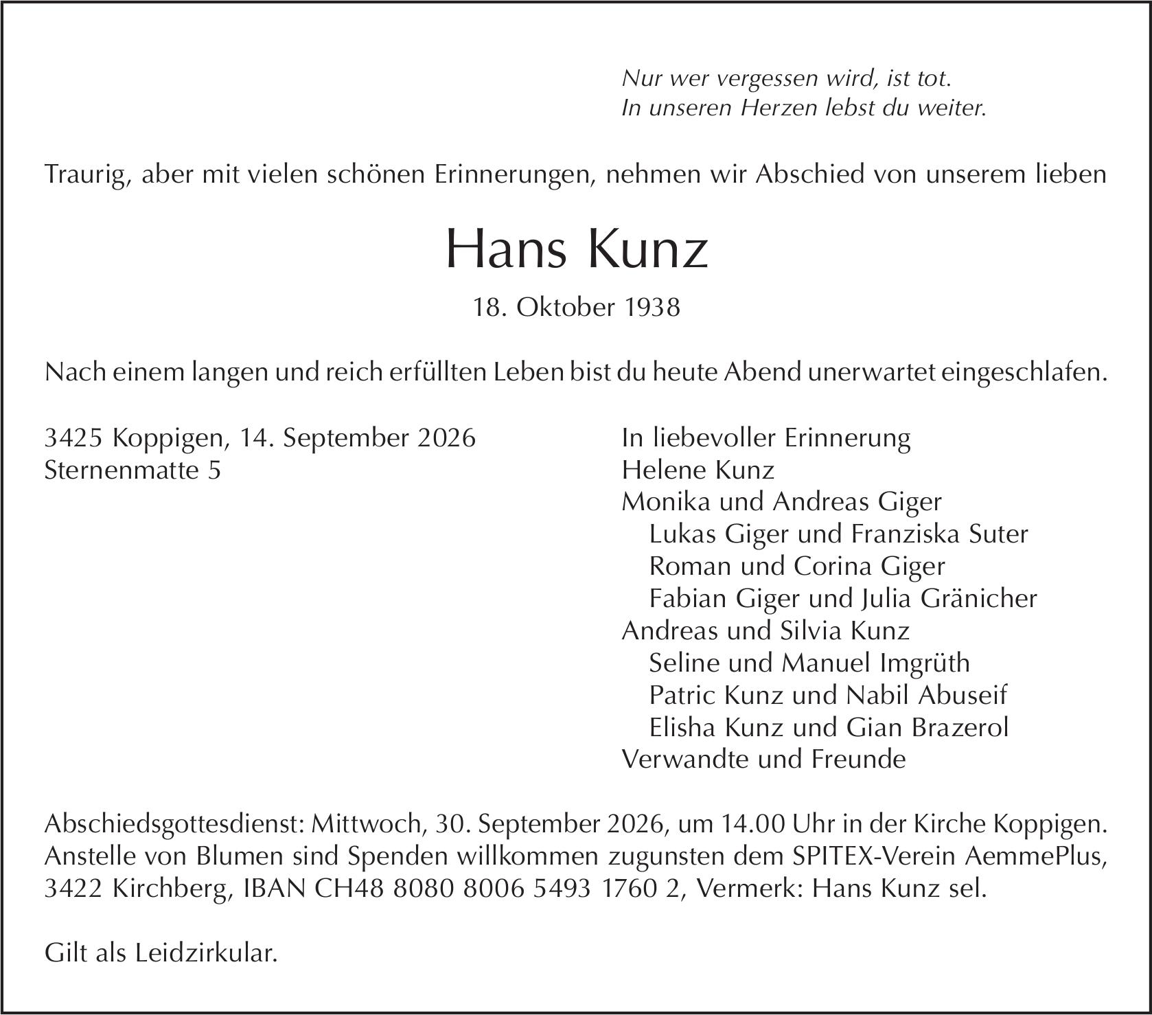 Hans Kunz, September 2026 / TA