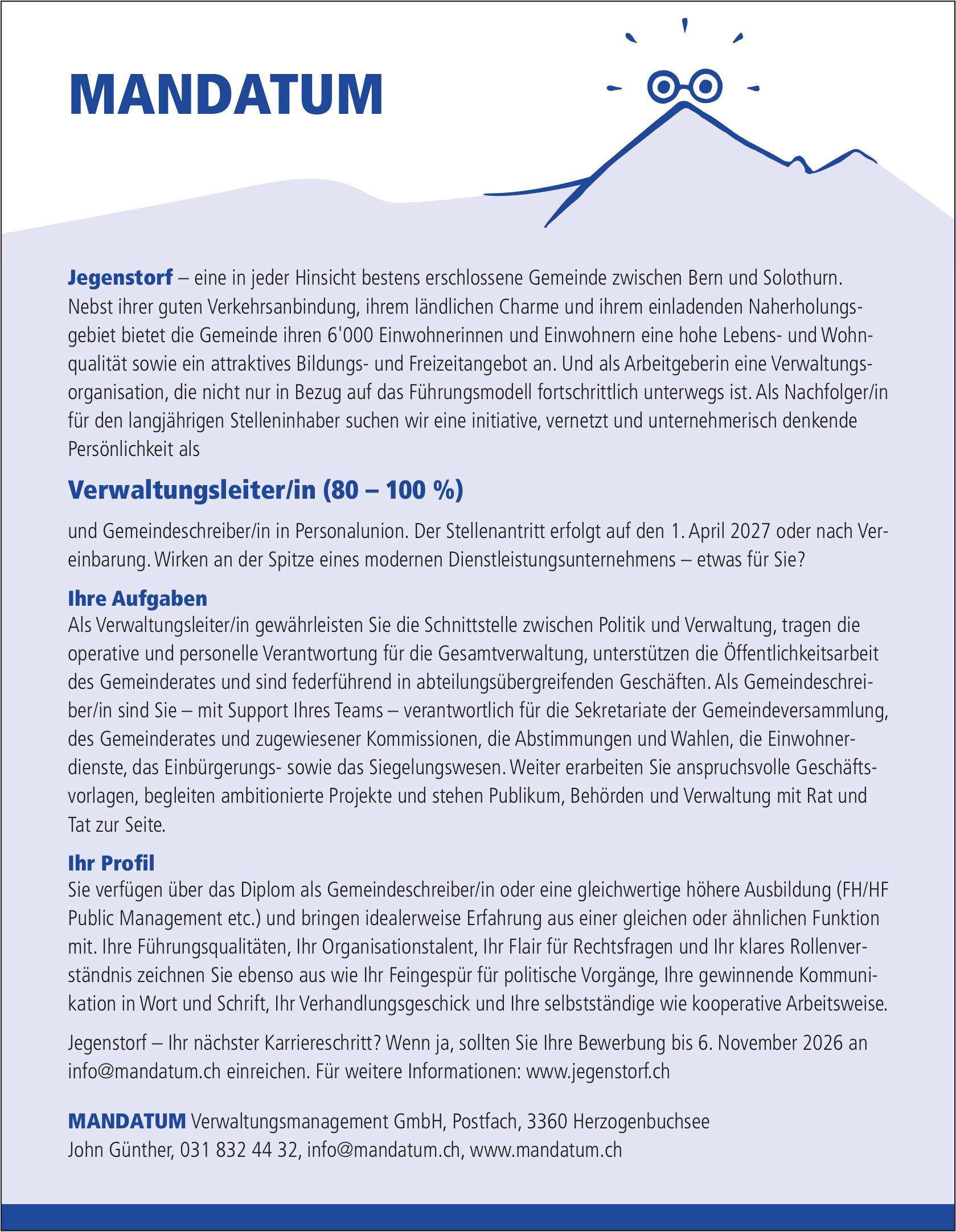 Verwaltungsleiter/in (80 – 100 %), MANDATUM Verwaltungsmanagement GmbH, Herzogenbuchsee, Gesucht