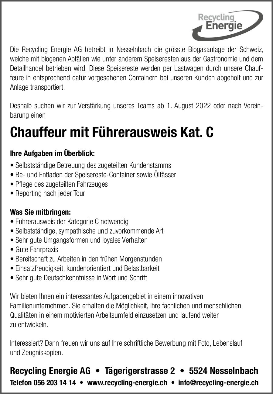 Chauffeur Mit Führerausweis Kat. C, Recycling Energie AG, Nesselnbach ...