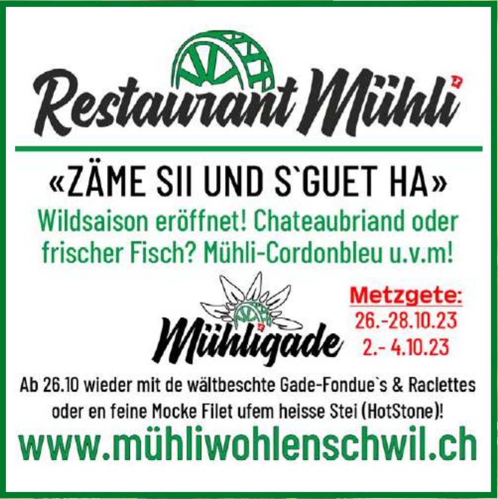 Metzgete, 26. bis 28. Oktober, Restaurant Mühli, Wohlenschwil