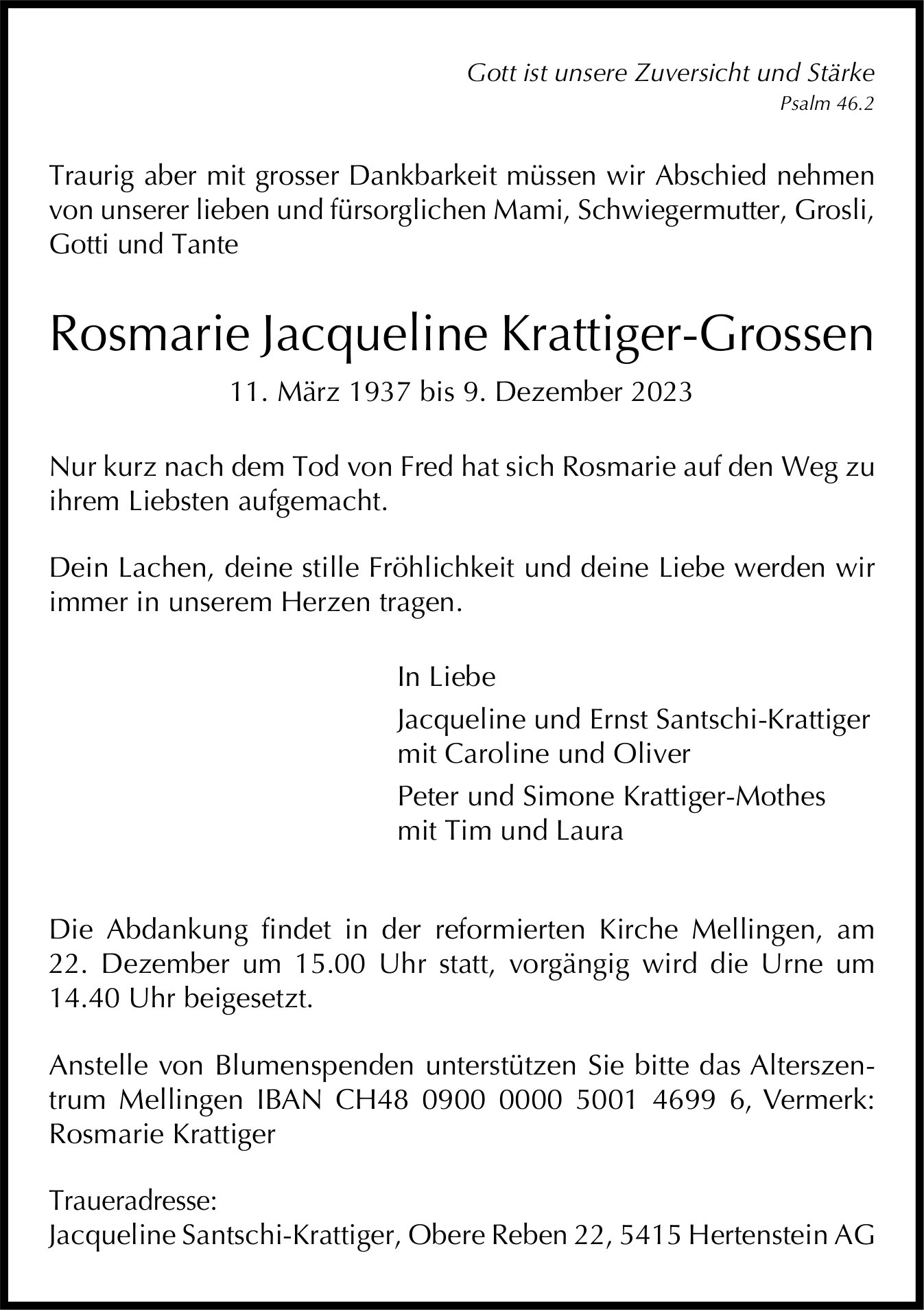 Krattiger-Grossen Rosmarie Jacqueline, Dezember 2023 / TA