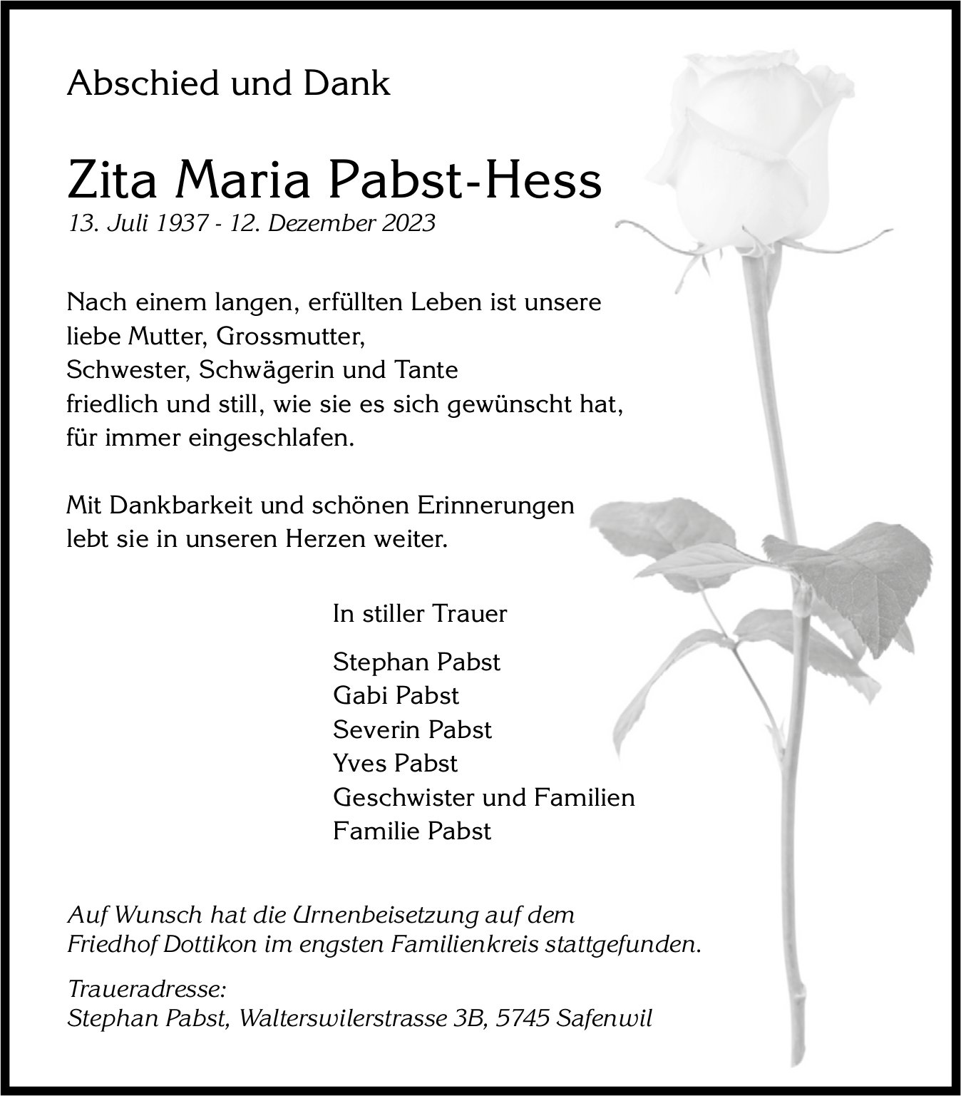 Pabst-Hess Zita Maria, Dezember 2023 / TA