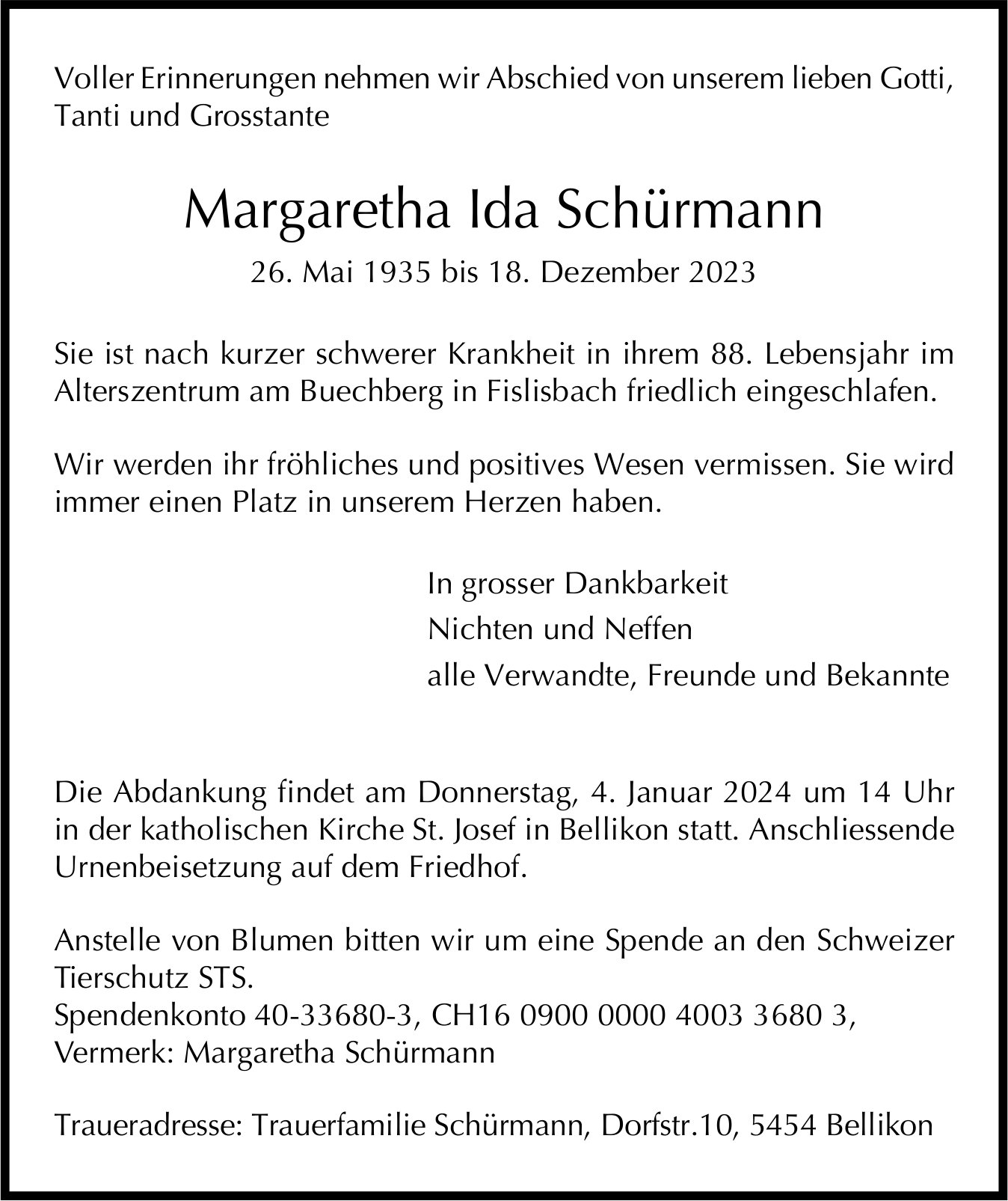 Schürmann Margaretha Ida, Dezember 2023 / TA