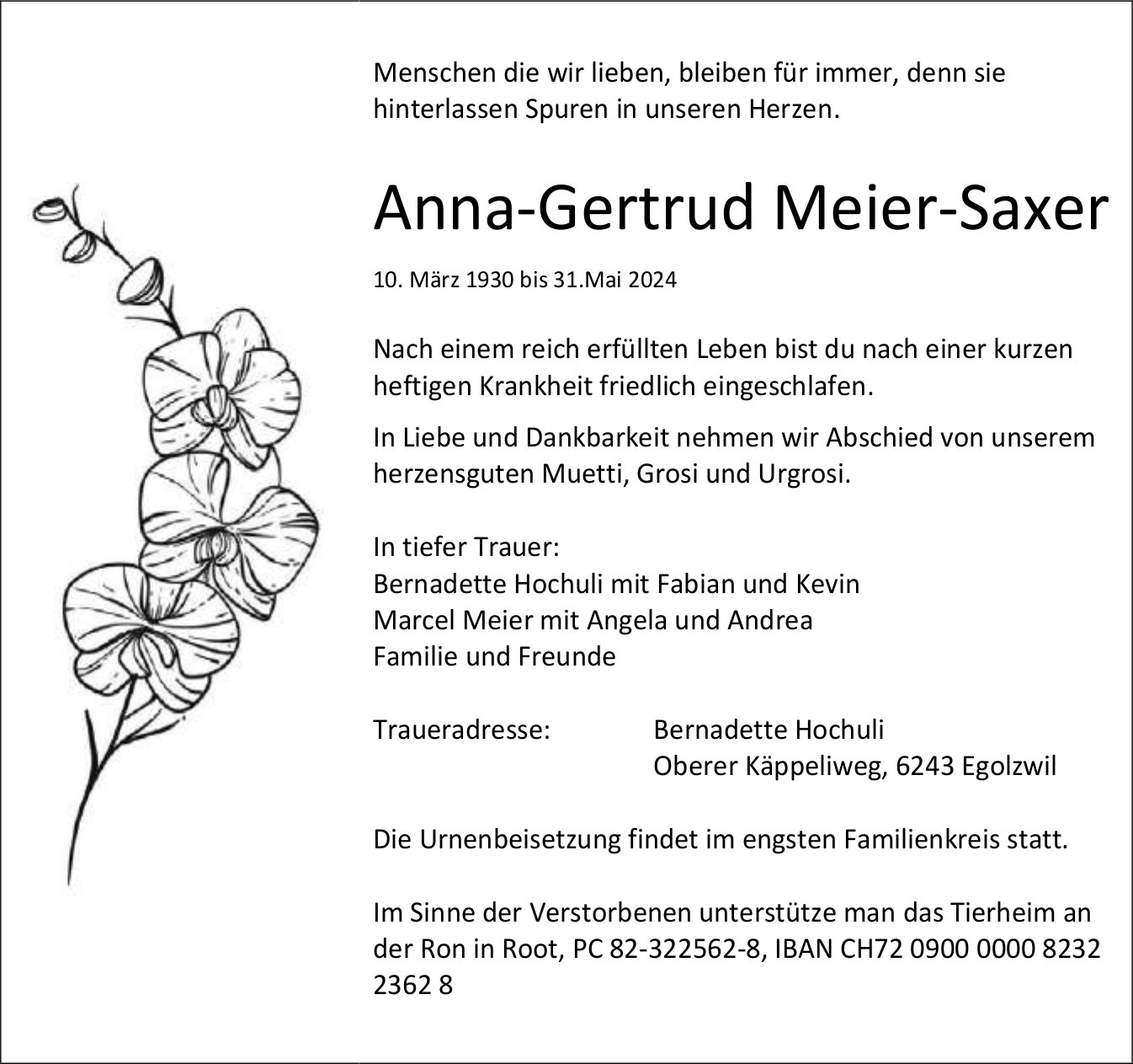 Meier­-Saxer Anna-­Gertrud, Mai 2024 / TA