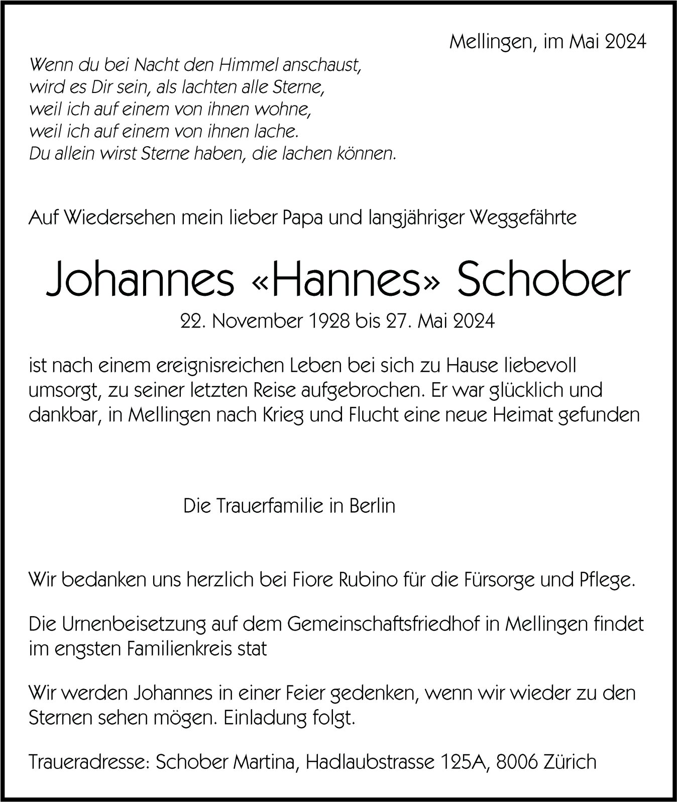 Schober Johannes «Hannes», Mai 2024 / TA