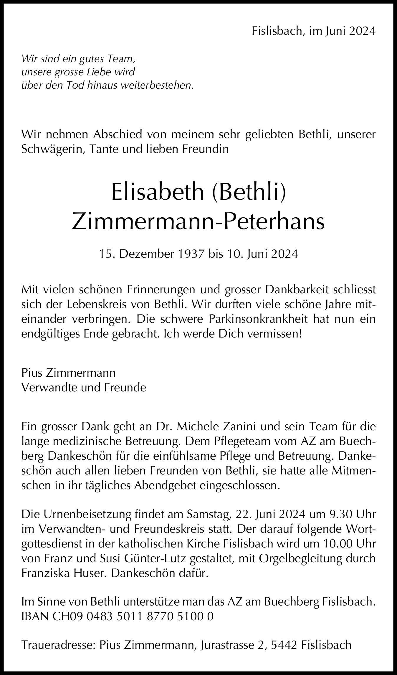 Zimmermann-Peterhans Elisabeth (Bethli), Juni 2024 / TA