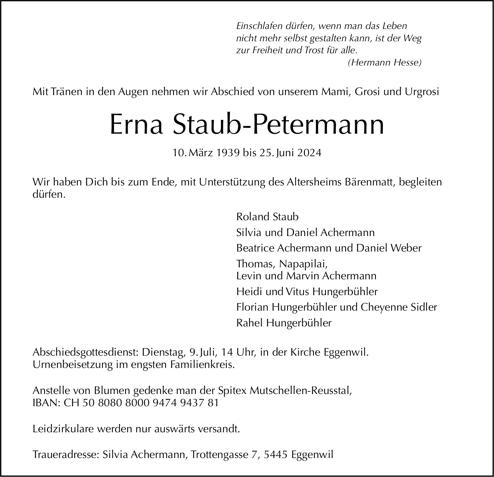 Staub-Petermann Erna, Juni 2024 / TA