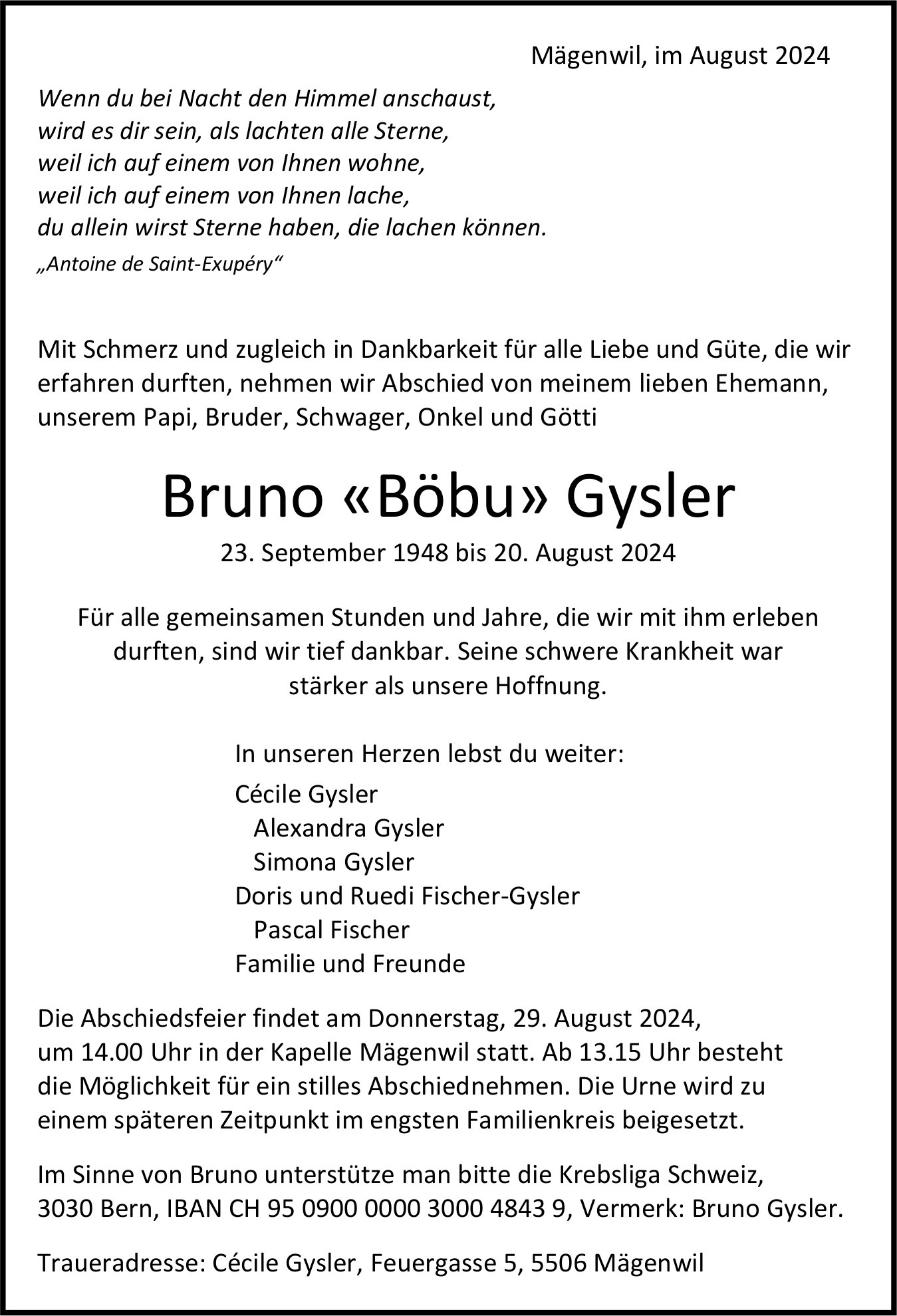 Gysler Bruno «Böbu», August 2024 / TA