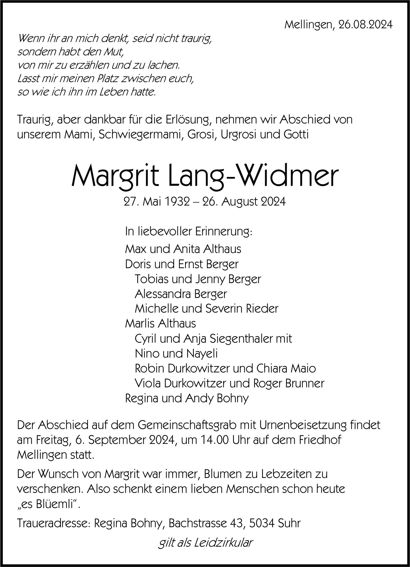 Lang-Widmer Margrit, August 2024 / TA