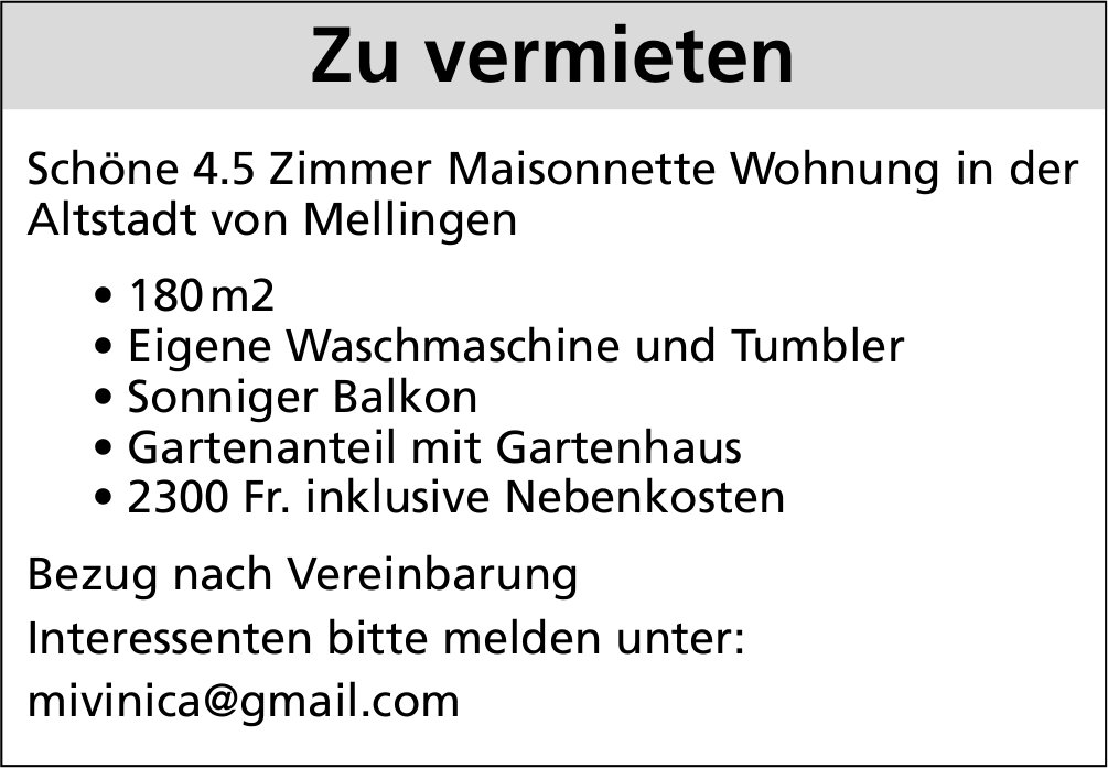 4.5 Zimmer Maisonnette Wohnung, Mellingen, zu vermieten