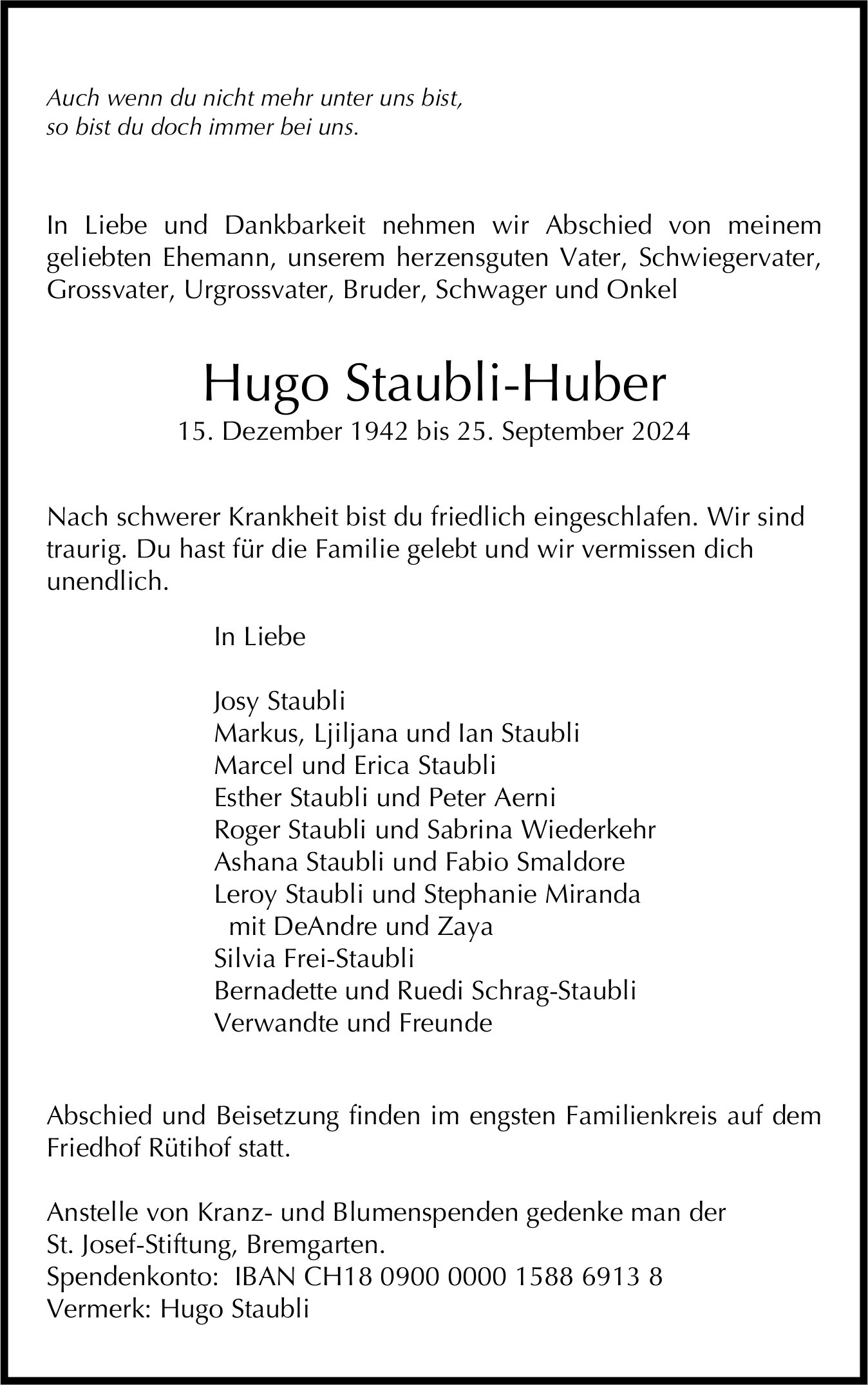 Staubli-Huber Hugo, September 2024 / TA