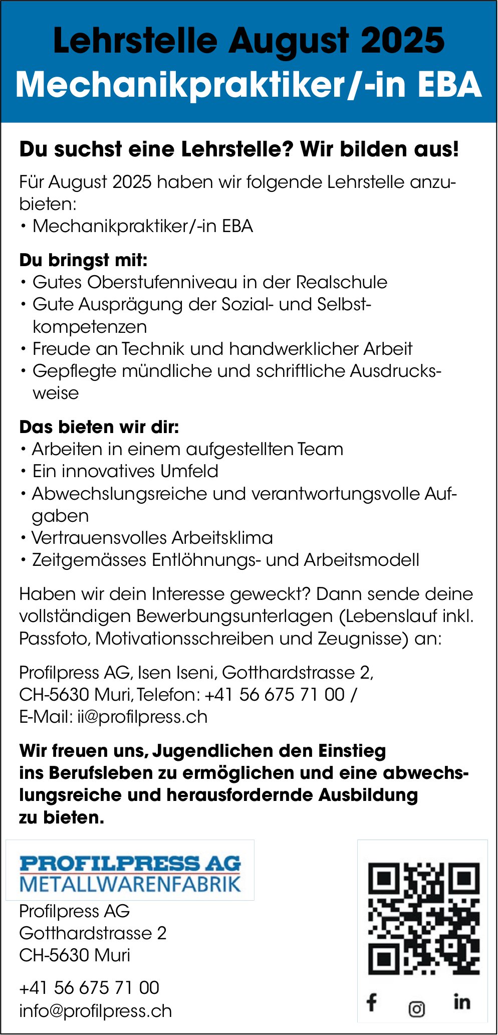 Lehrstelle August 2025, Mechanikpraktiker/-in EBA, Profilpress AG, Muri, zu vergeben