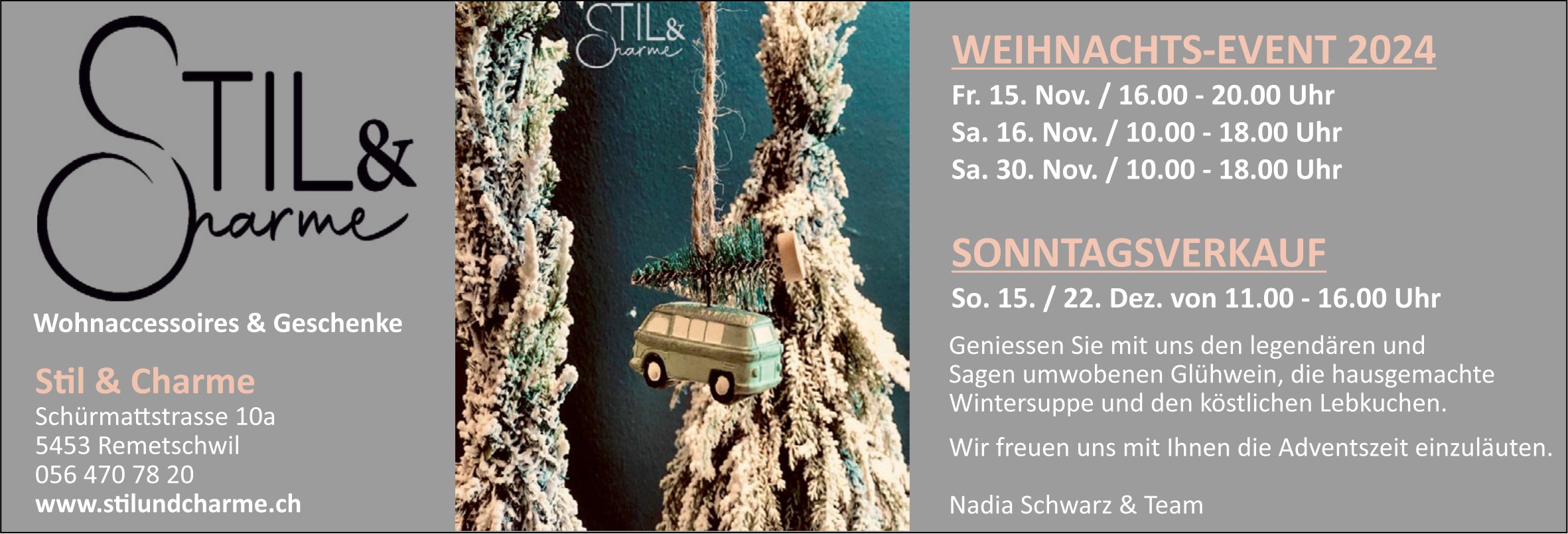 Weihnachts-Event und Sonntagsverkauf, 15./16./22. und 30. November, Stil & Charme, Remetschwil