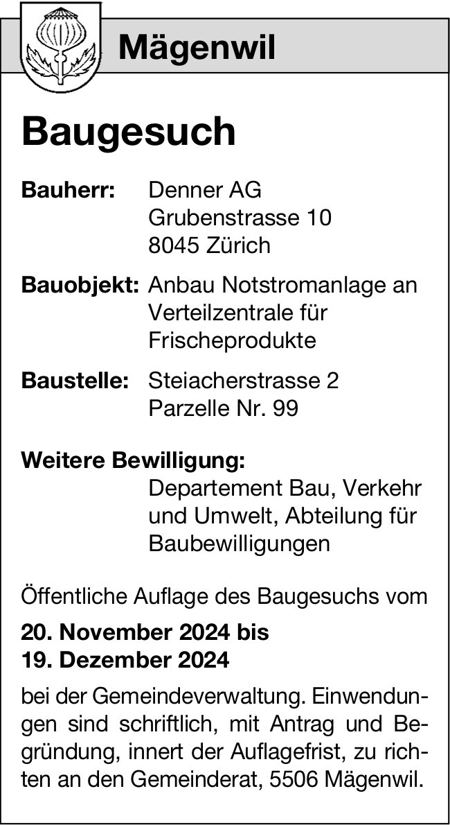 Baugesuche, Mägenwil - Denner AG