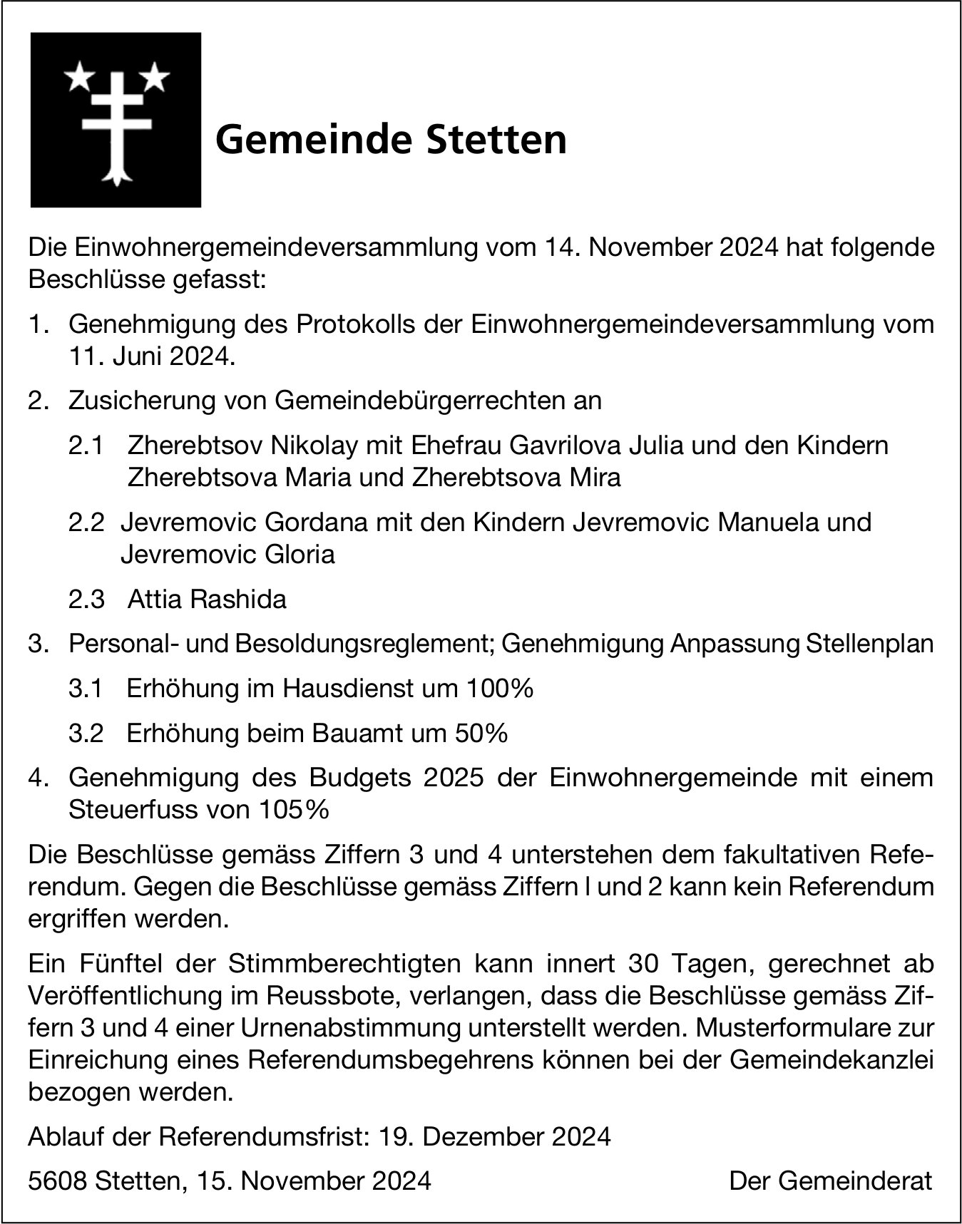 Stetten - Beschlüsse der Einwohnergemeindeversammlung