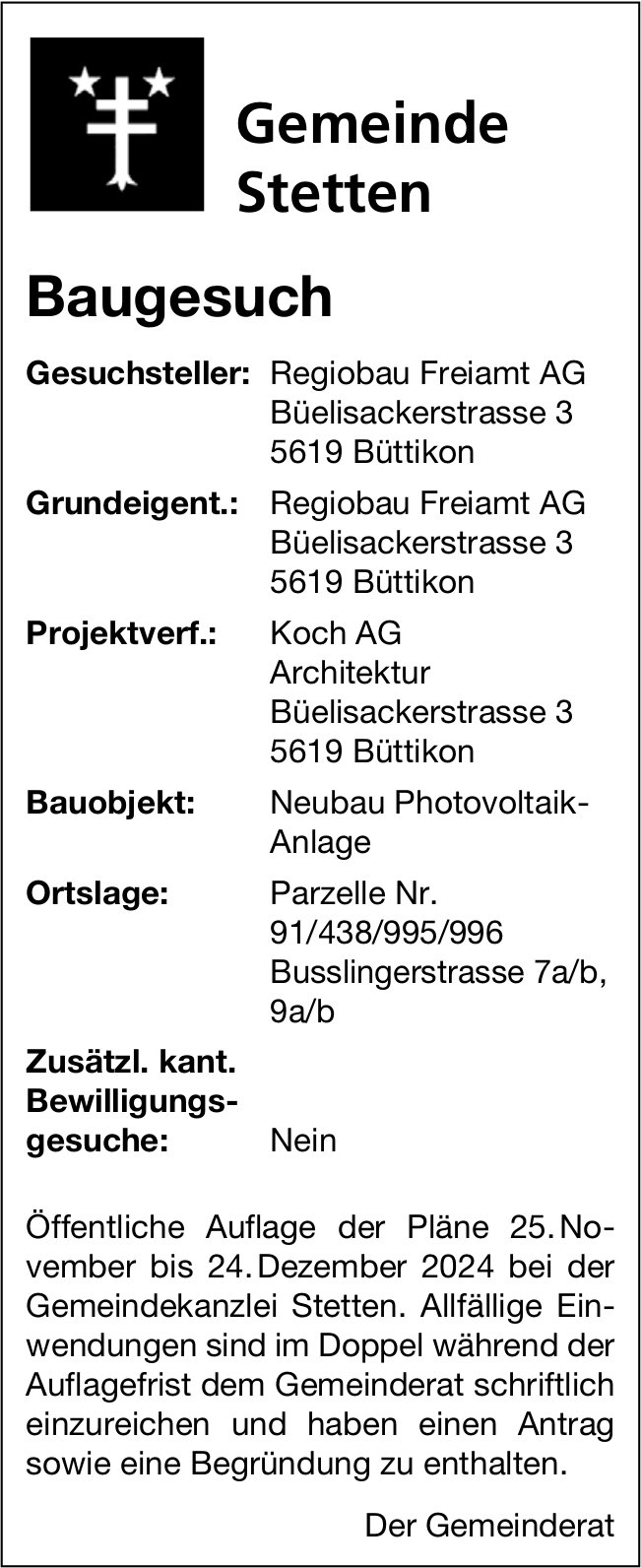 Baugesuche, Stetten - Regiobau Freiamt AG