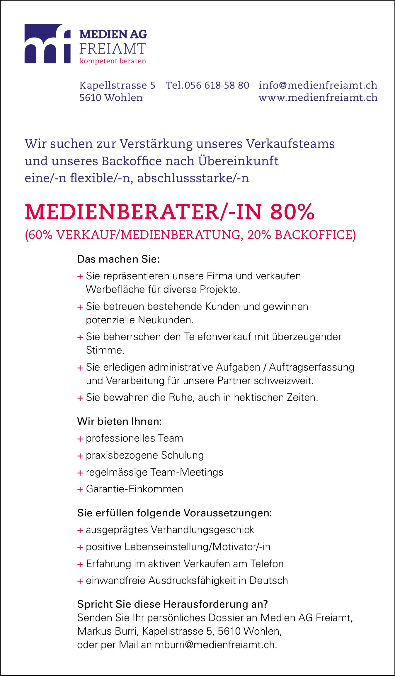 Medienberatier/-in 80%, Medien AG Freiamt, Wohlen, gesucht