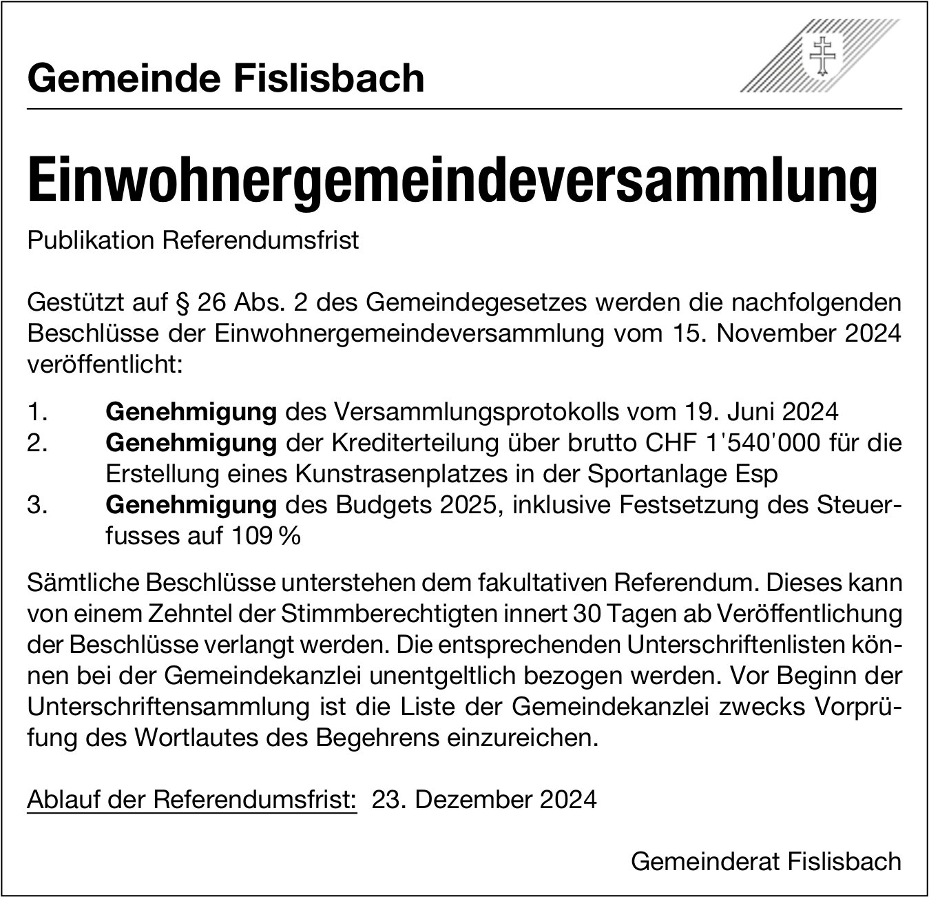 Fislisbach - Beschlüsse der Einwohnergemeindeversammlung