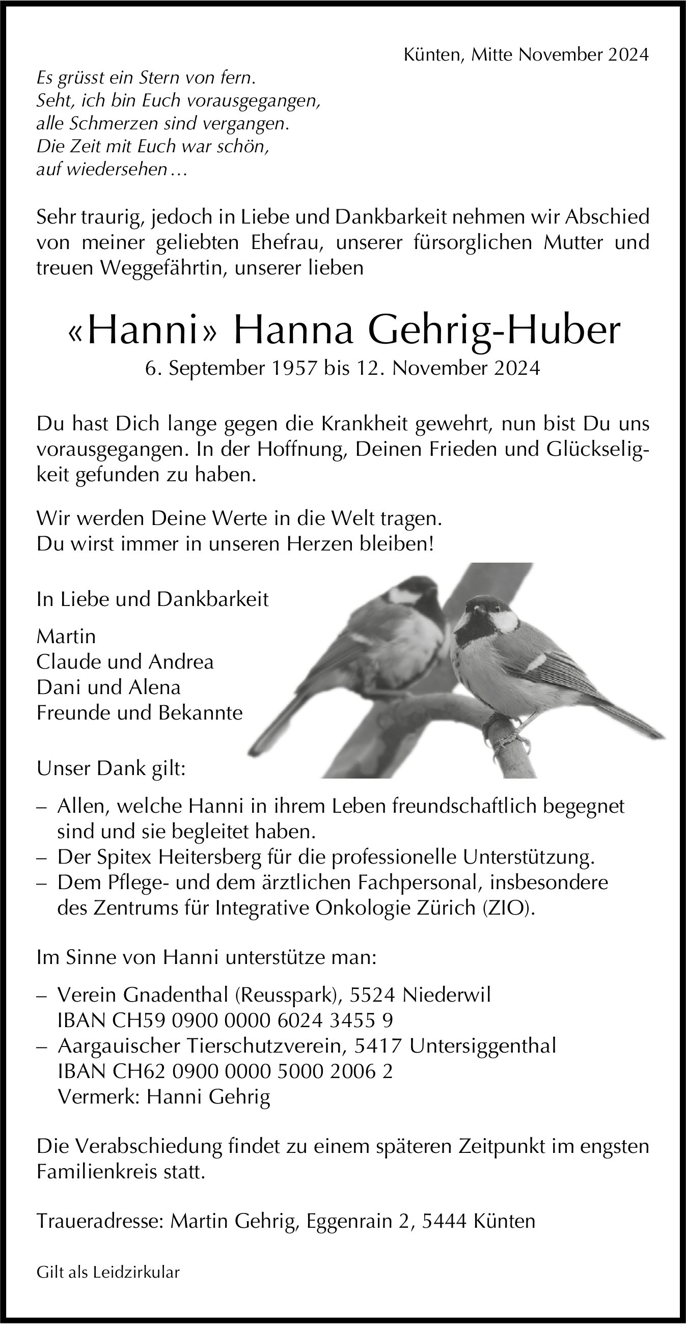 Gehrig-Huber «Hanni» Hanna, November 2024 / TA