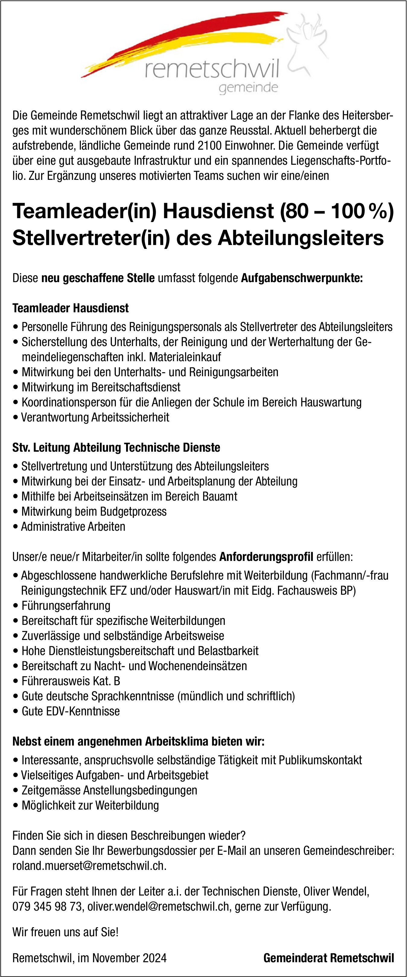 Teamleader(in) Hausdienst (80-100%) Stellvertreter(in) des Abteilungsleiters, Gemeinde, Remetschwil, gesucht