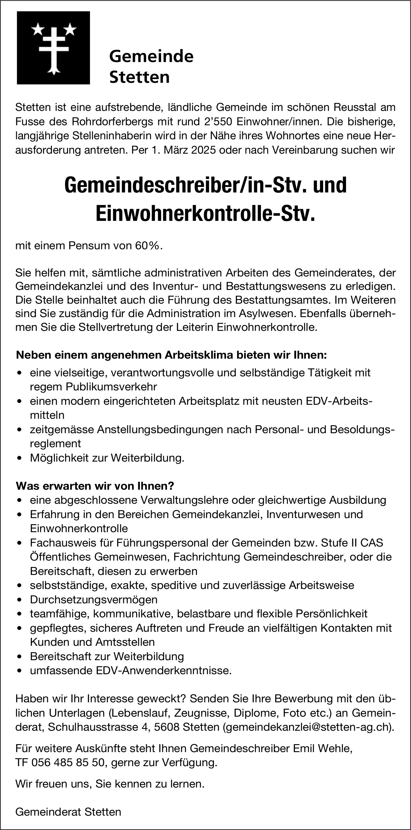 Gemeindeschreiber/in-Stv. und Einwohnerkontrolle-Stv., Gemeinde, Stetten, gesucht