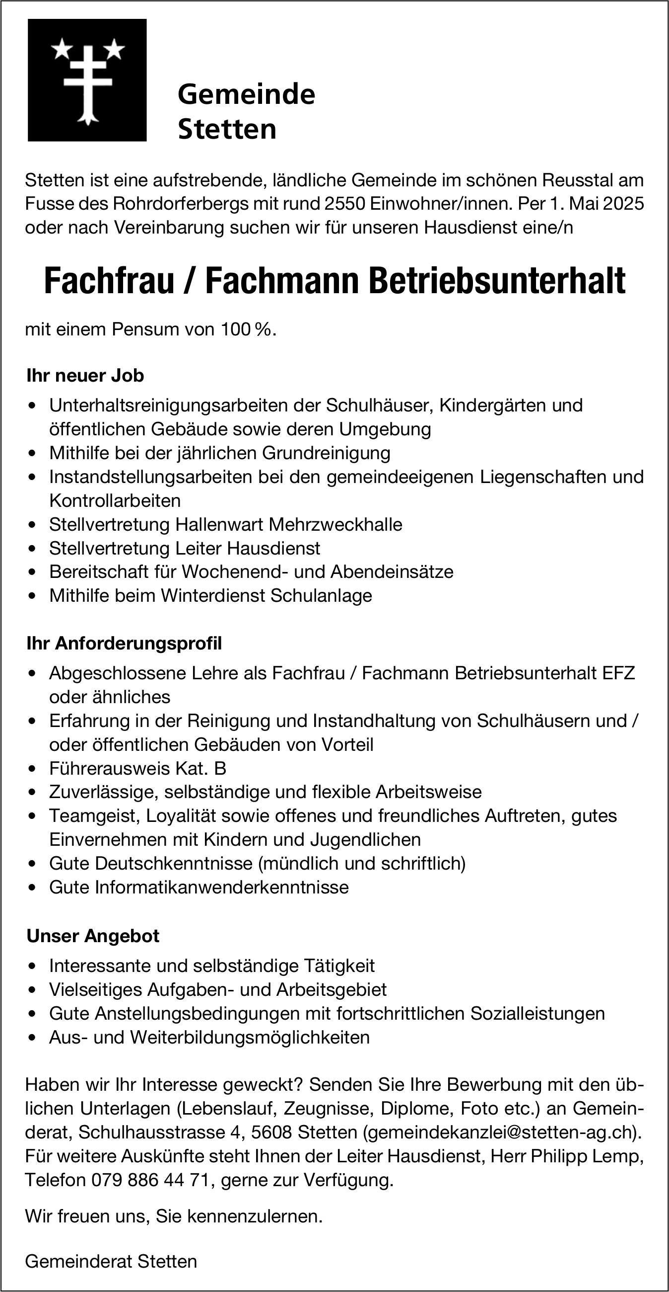 Fachfrau / Fachmann Betriebsunterhalt, Gemeinde, Stetten, gesucht