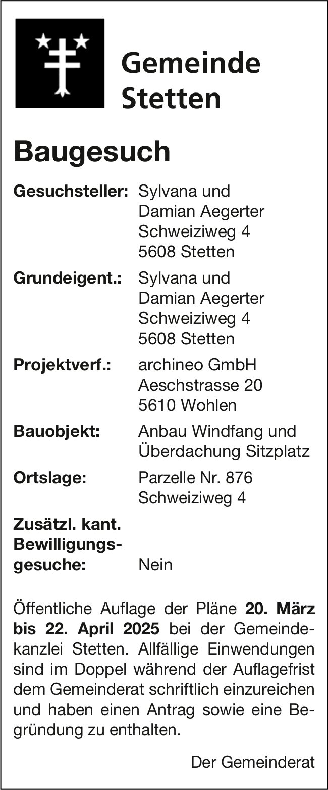 Baugesuche, Stetten - Sylvana und Damian Aegerter