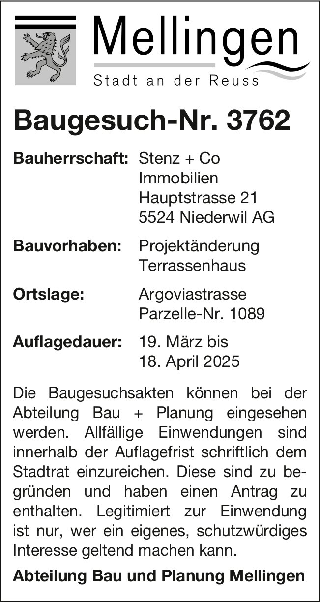 Baugesuche, Mellingen - Stenz + Co Immobilien