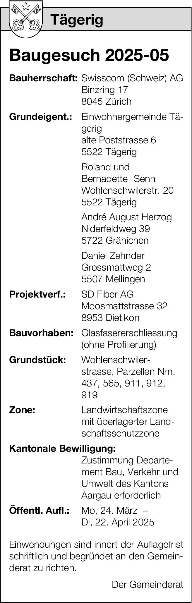 Baugesuche, Tägerig - Swisscom (Schweiz) AG