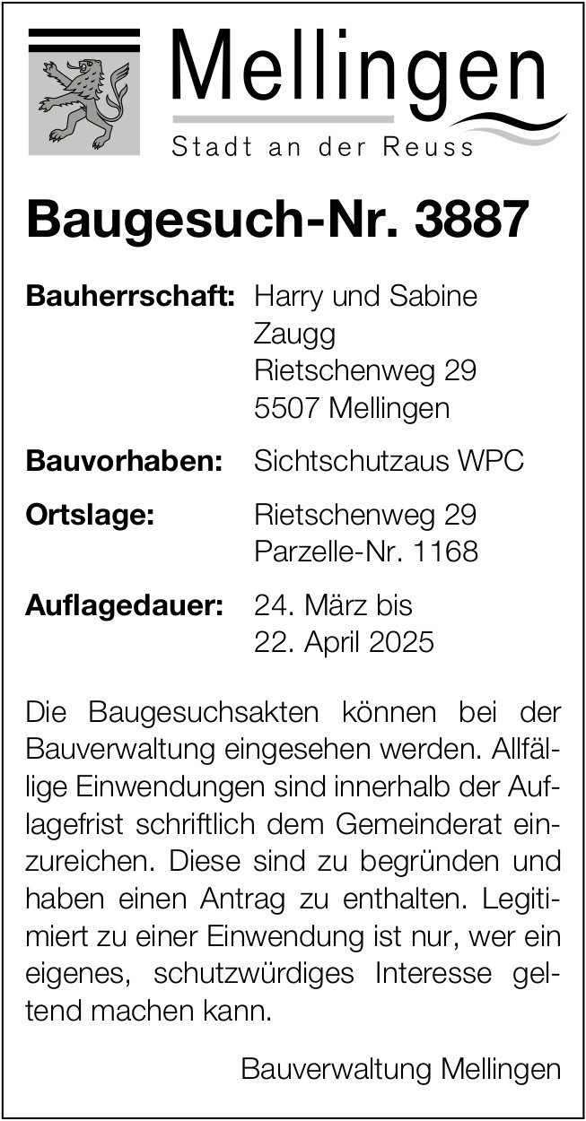 Baugesuche, Mellingen - Harry und Sabine Zaugg