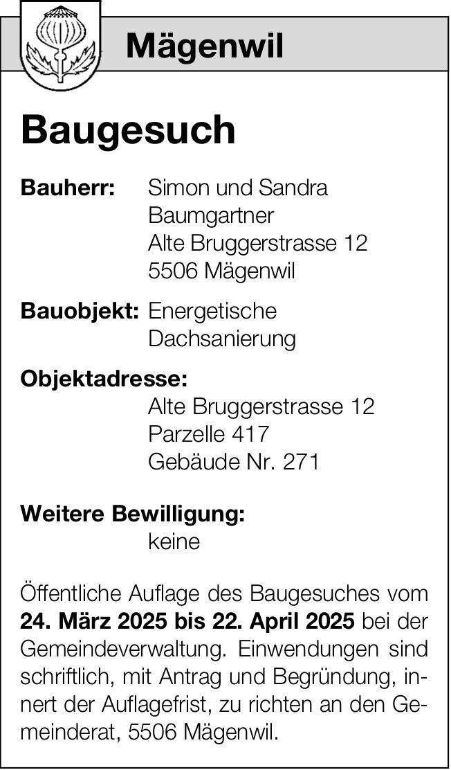 Baugesuche, Mägenwil - Simon und Sandra Baumgartner