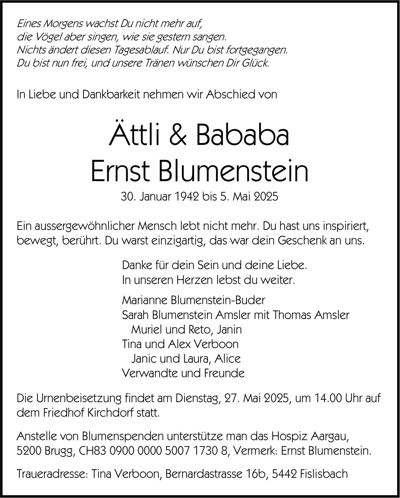 Blumenstein Ättli&Bababa Ernst, Mai 2025 / TA