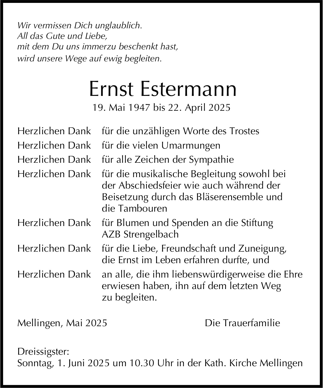 Estermann Ernst, im Mai 2025 / DS