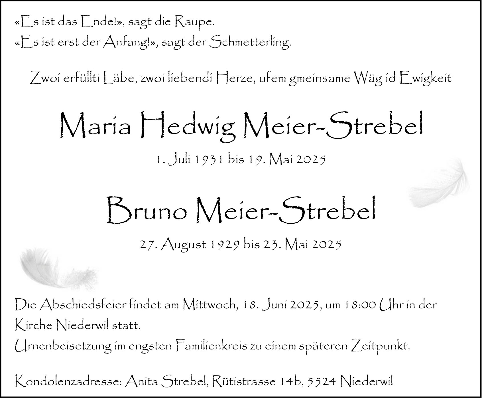 Meier-Strebel Maria Hedwig und Meier-Strebel Bruno, Mai 2025 / TA