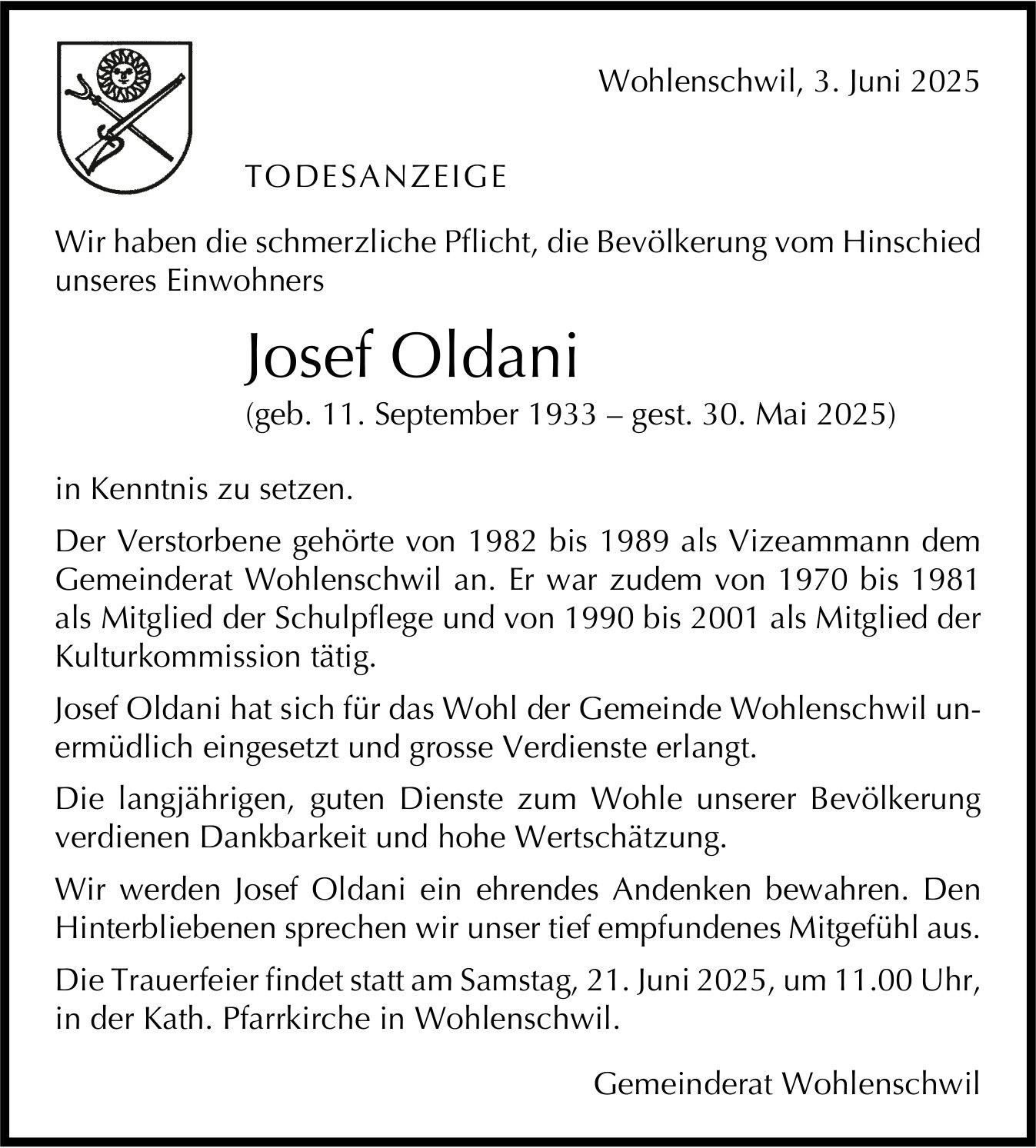 Oldani Josef, Mai 2025 / TA