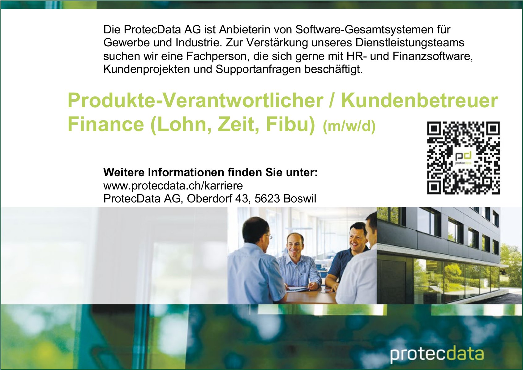 Produkte-Verantwortlicher/Kundenbetreuer Finance m//w/d, ProtecData AG, Boswil, gesucht