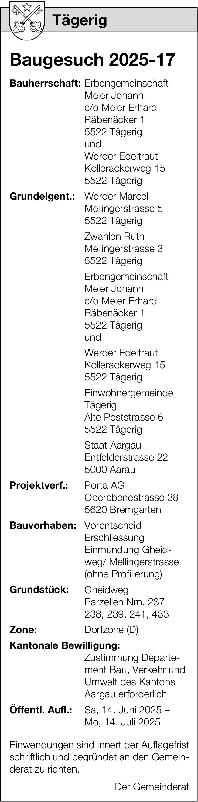 Baugesuche, Tägerig - Erbengemeinschaft Meier Johann