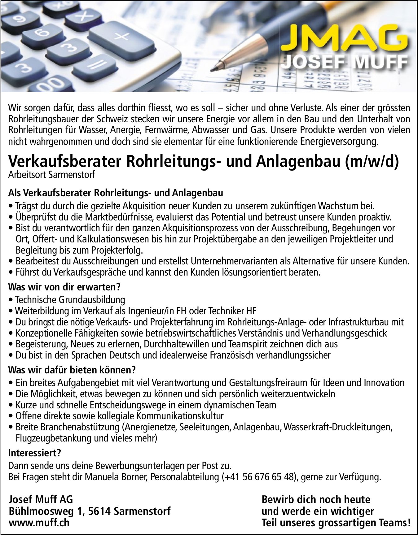 Verkaufsberater Rohrleitungs- und Anlagenbau (m/w/d), Josef Muff AG, Sarmenstorf, gesucht