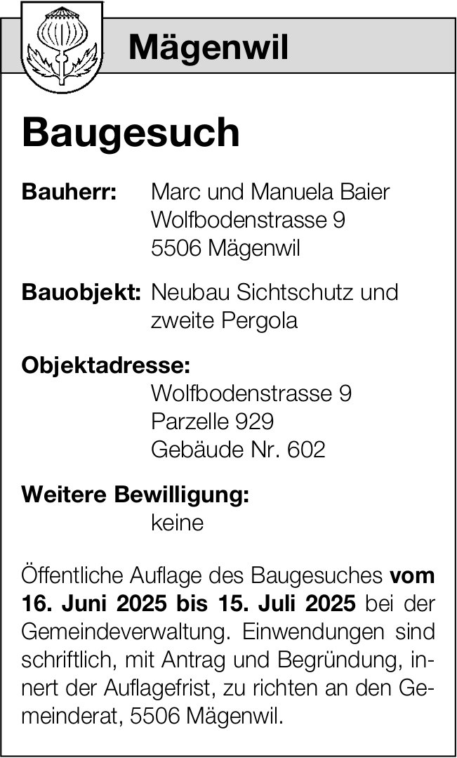 Baugesuche, Mägenwil - Marc und Manuela Baier