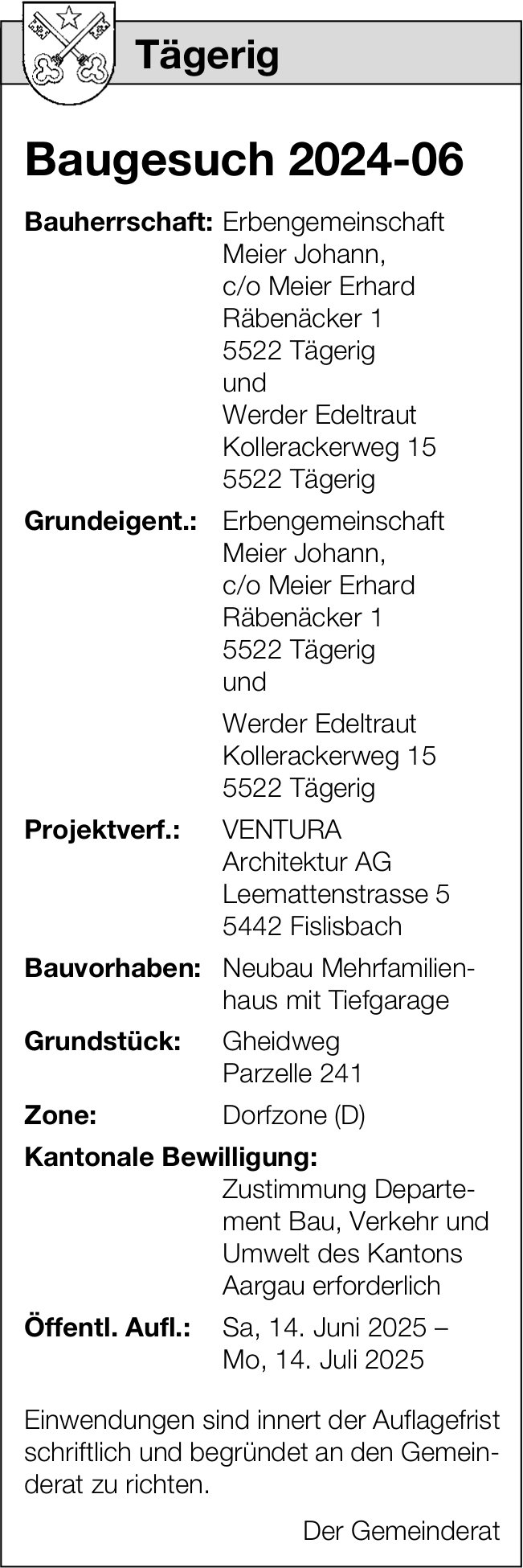 Baugesuche, Tägerig - Erbengemeinschaft Meier Johann