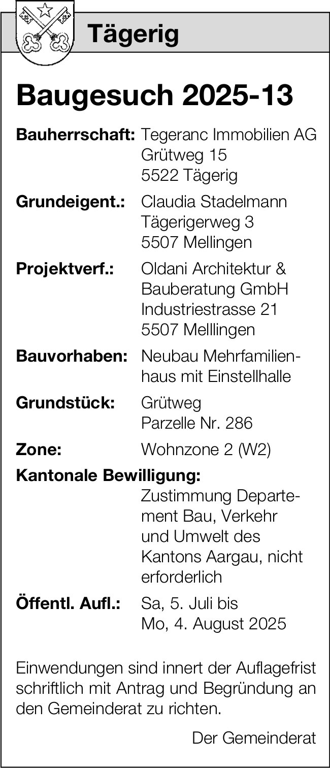 Baugesuche, Tägerig - Tegeranc Immobilien AG
